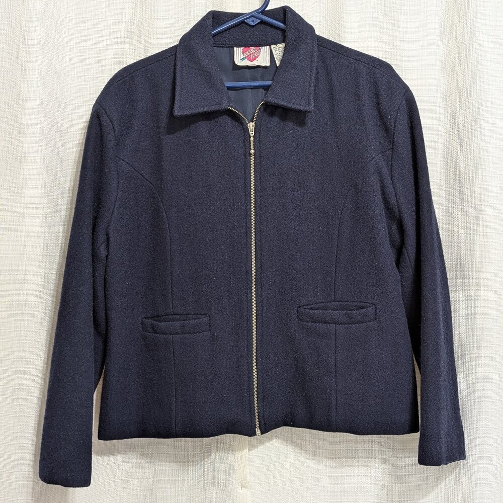 Vintage Keren Hart Women's Wool Blend Blazer Jacket Navy Large Zip Up Collared